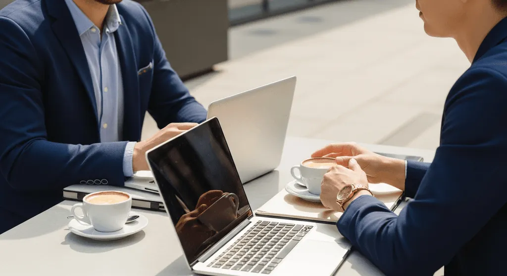 Two professionals collaborating at outdoor cafe